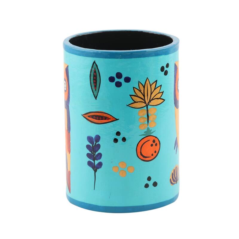 Novica Handmade Owl Story In Teal Papier Mache Pen Holder