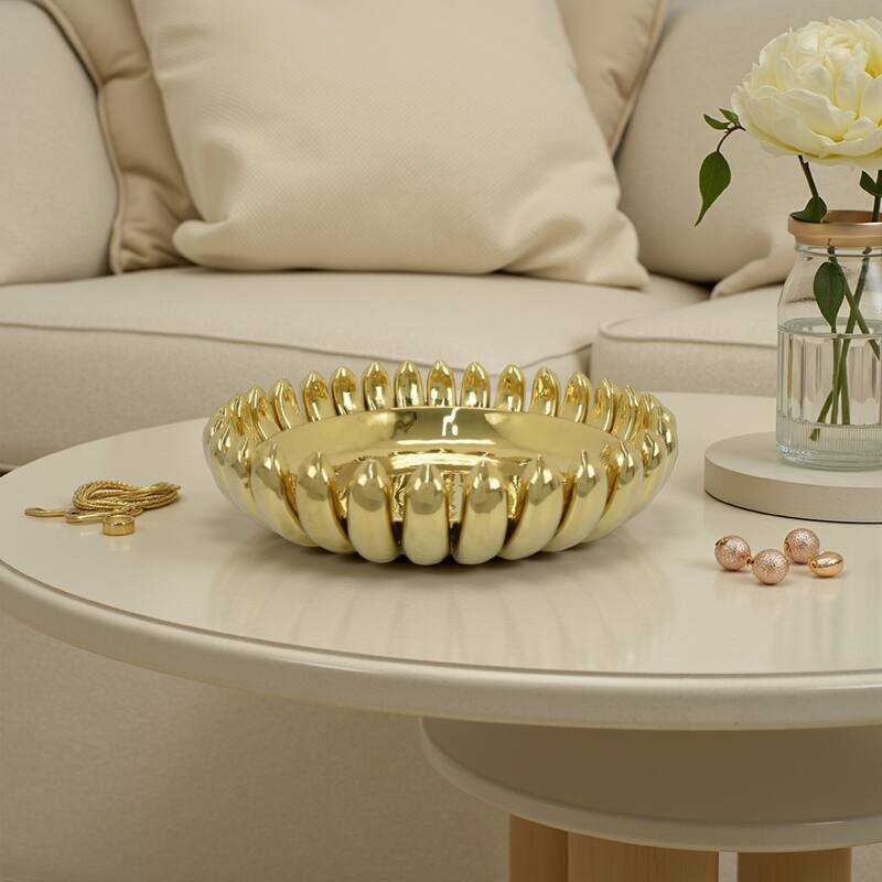 Zoma Accent Bowl, 16 Inch Raised Rounded Edges, Gold Ceramic Body