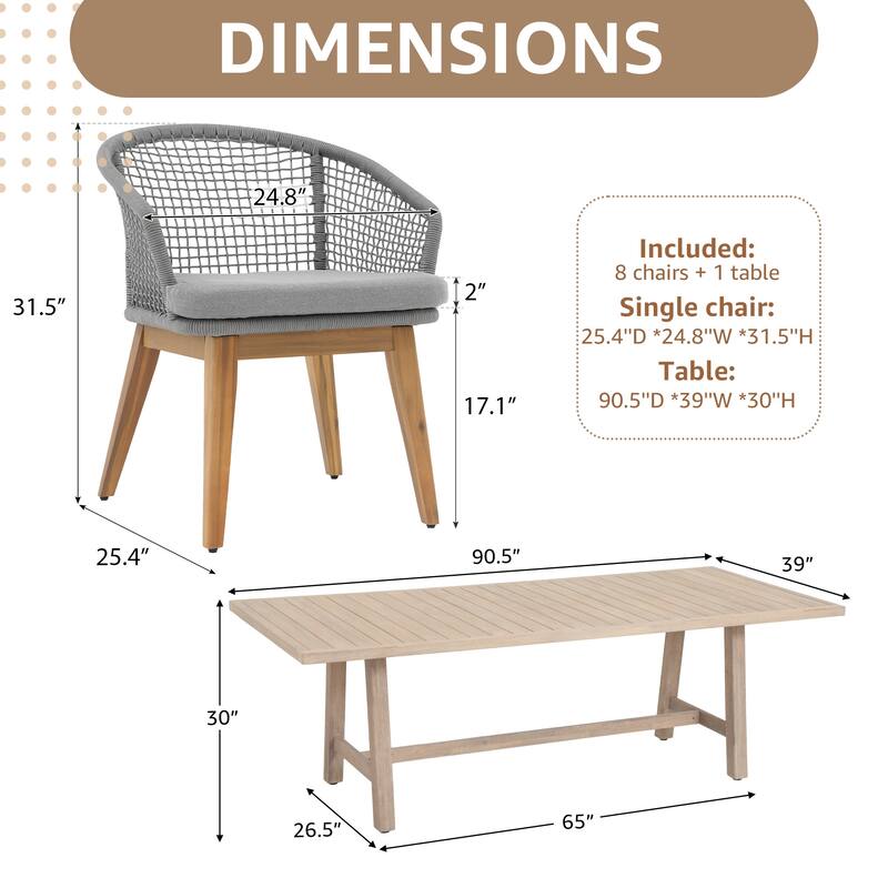 Outdoor Patio 9-Piece Dining Set With Rope-Woven Dining Chairs
