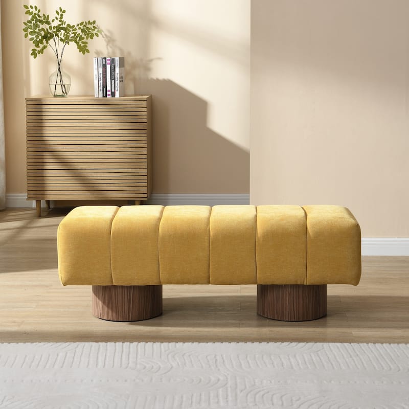 Upholstered Dining Bench with Chenille Fabric Stool Top Wood Leg for Bedroom Living Room