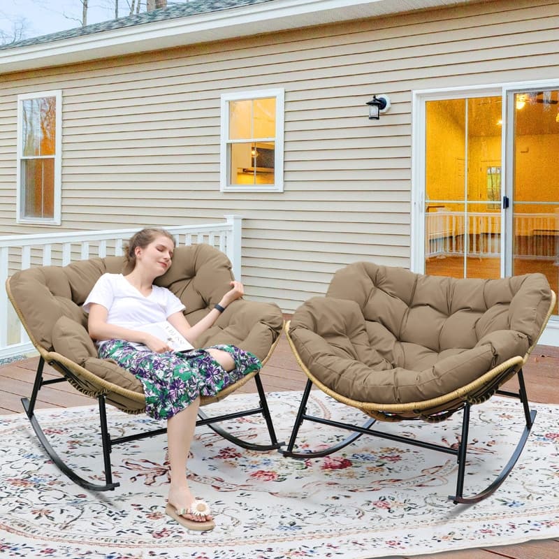 FINCATI Outdoor Rocking Papasan Chair, Rocking Chair Outdoor, 450 lbs Indoor Oversized Rocking Papasan, Comfy Rocking Egg Chair - 2 PCS-Brown
