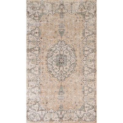 Distressed Sparta Oriental Vintage Area Rug Hand-Knotted Wool Carpet - 5'2" x 9'5"