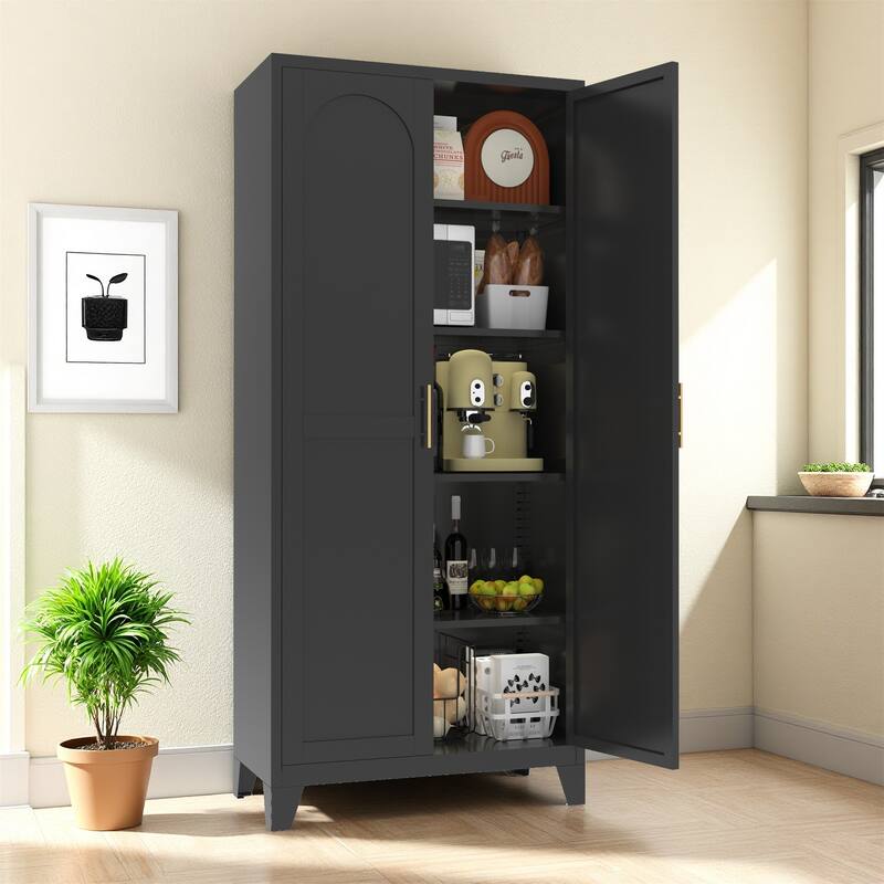 71" Metal Storage Cabinet w/ Doors and Adjustable Shelves for Kitchen - Black