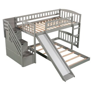 Stairway Twin over Twin Wood Bunk Bed with 2 Drawers and Slide, Gray ...