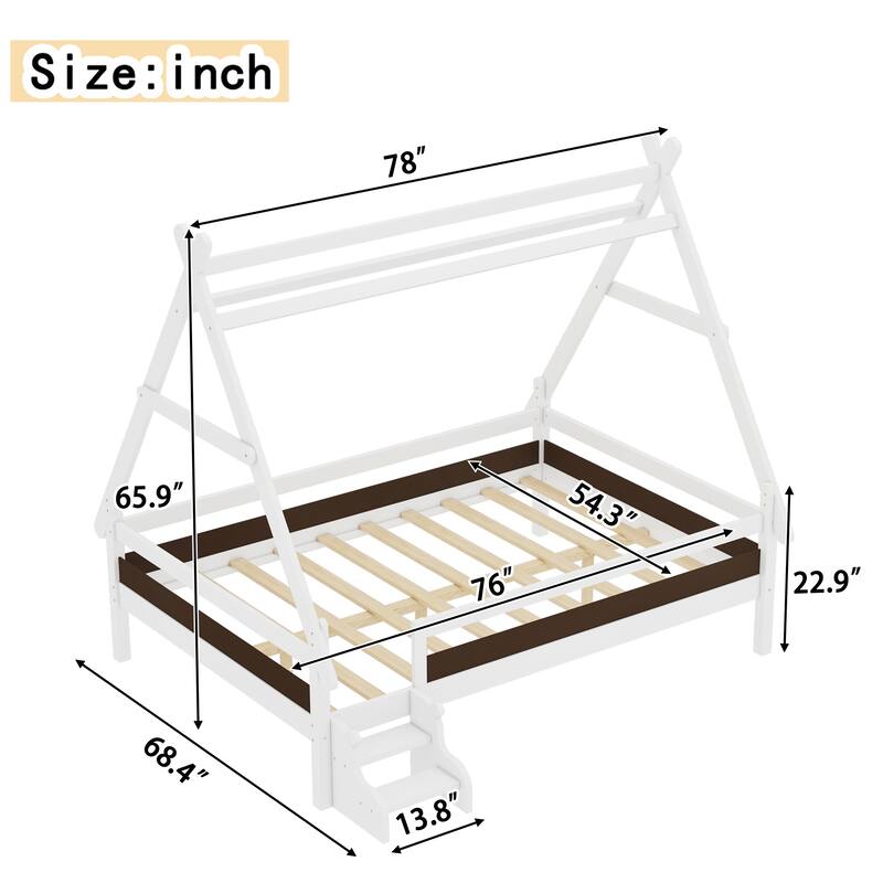 Twin/Full House Platform Bed with Stairs, Solid Wood Low Profile Kids Bed Frame, Fun Playhouse Design for Children
