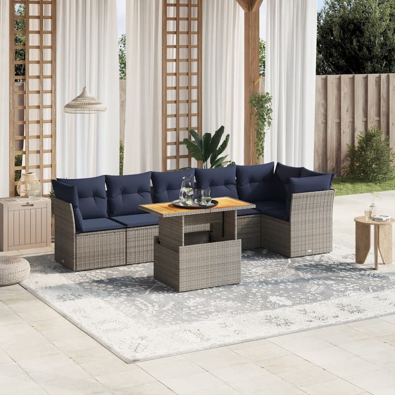 vidaXL 7 Piece Patio Sofa Set with Cushions Gray Poly Rattan - 24.4" x 24.4" x 27.2" - Gray 3x corner + 3x middle + table