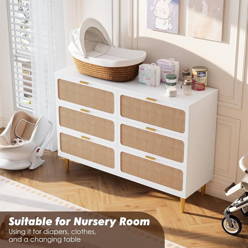 Rattan 6 Drawer Dresser for Bedroom, Double Chest with Deep Drawers and Wide Top for Living Room, Hallway, or Closet