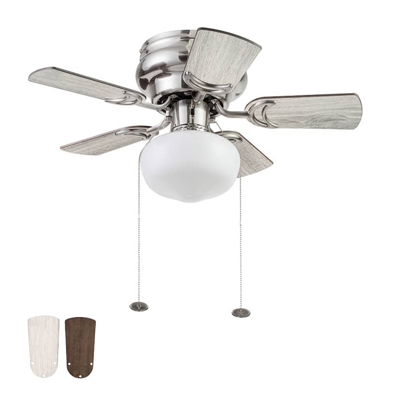 28" Prominence Home Hero Brushed Nickel Traditional Flush Mount Indoor LED Ceiling Fan with Light, Pull Chain