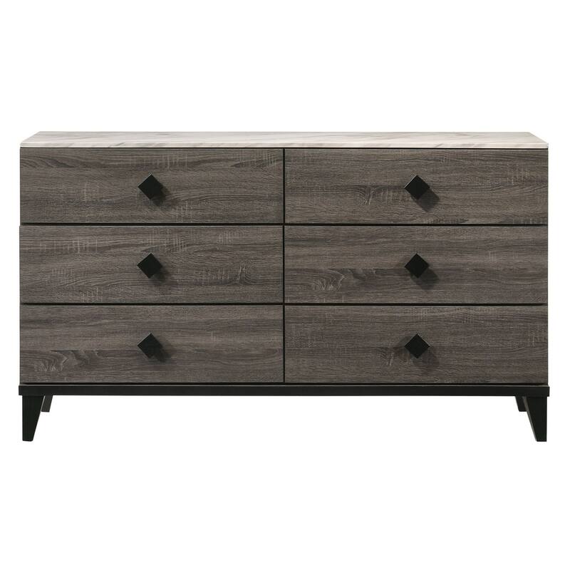 6 Drawer Wooden Dresser with Diamond Metal Knobs, Gray and Black