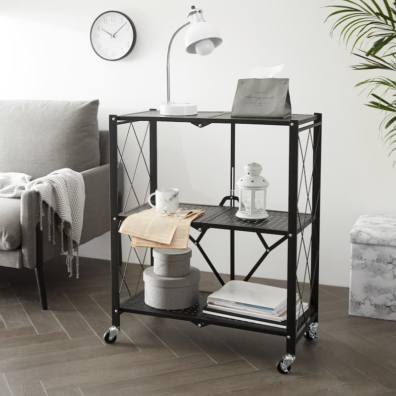 Urban Shop 3 Tier Foldable Rolling Metal Storage Shelf - 27" x 13.77" x 33.85"