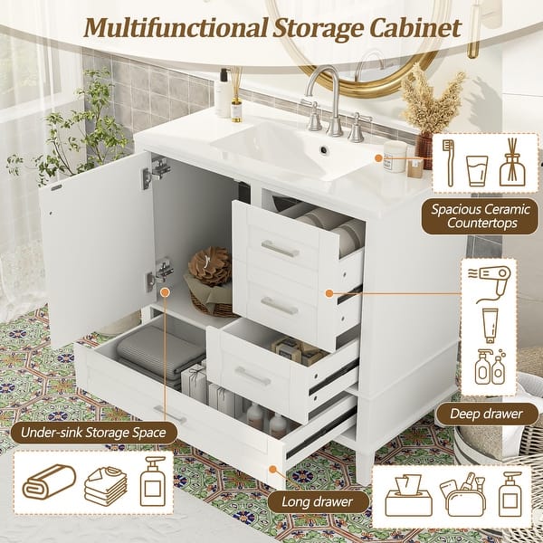 dimension image slide 0 of 3, GDFStudio - Aurea 36" Bathroom Vanity with Ceramic Sink, Soft-Close Door & 3 Drawers