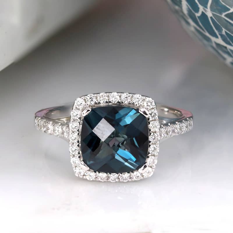 Auriya 2 3/4ct Cushion-cut London Blue Topaz and Halo Diamond Engagement Ring 1/2cttw 14k Gold