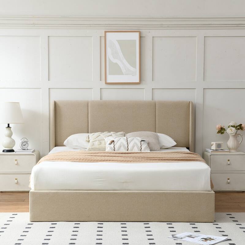 Modern Minimalist Upholstered Storage Bed with Lift-Up Platform - Beige - Queen