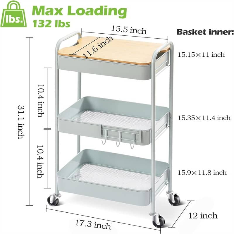3 Tier Rolling Cart Metal Utility Cart with Top - 12"D x 17.3"W x 31.1"H
