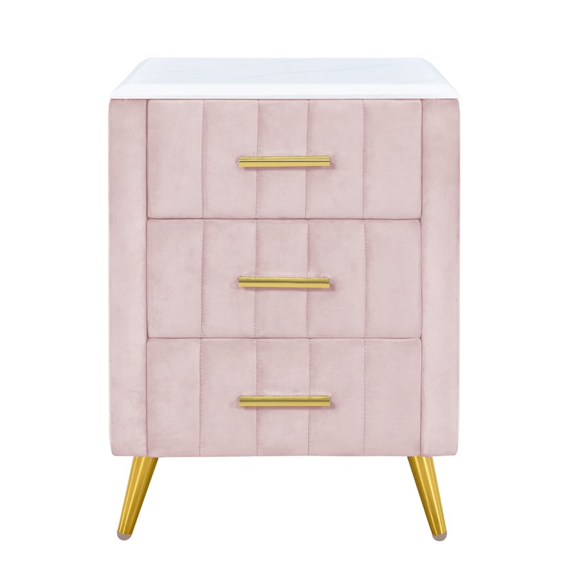 Upholstered Wooden Nightstand with 3 Drawers with Marbling Worktop