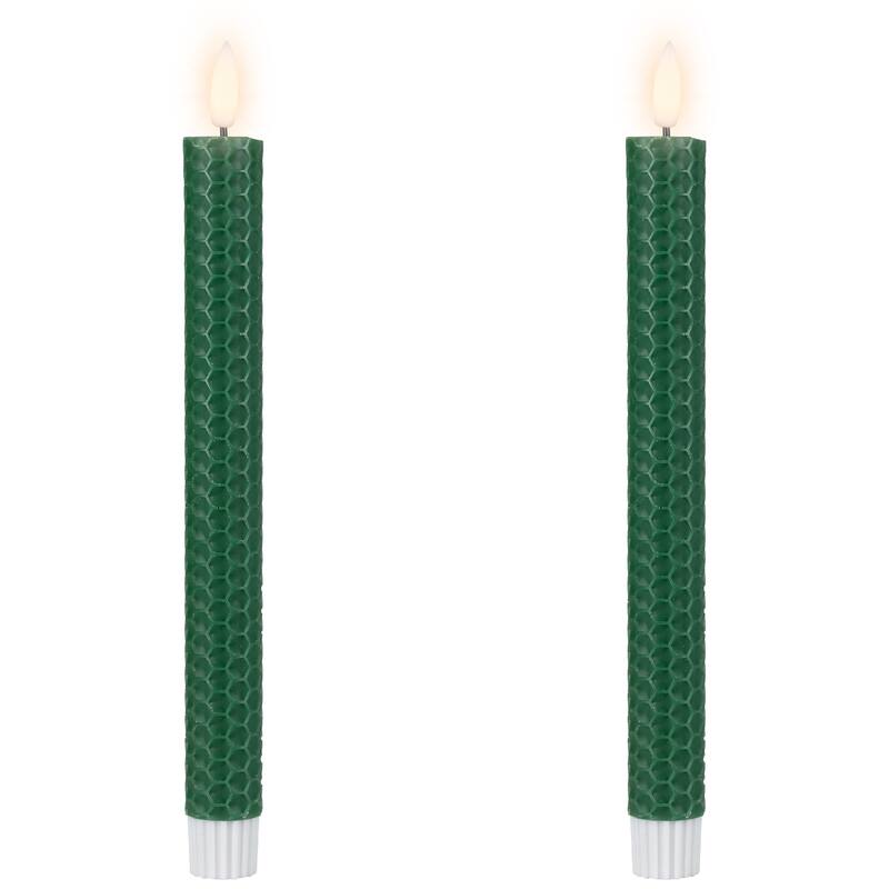 LED Taper Flickering Flameless Honeycomb Christmas Candles - 9.5" - Green - Set of 2