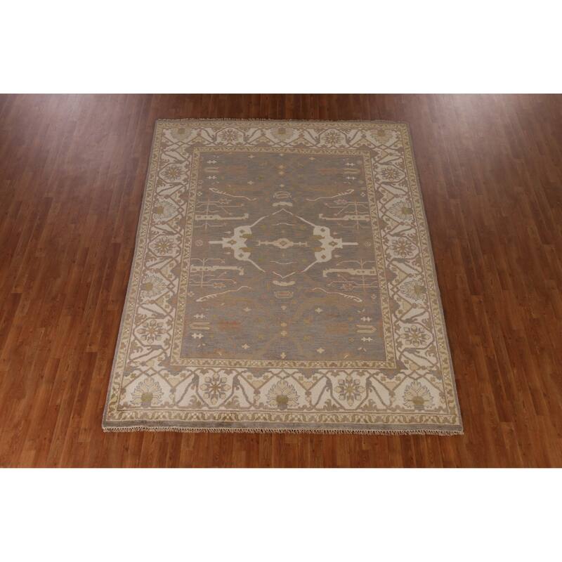 Earth Tone Oushak Indian Area Rug Handmade Floral Wool Carpet - 7'11" x 10'1"