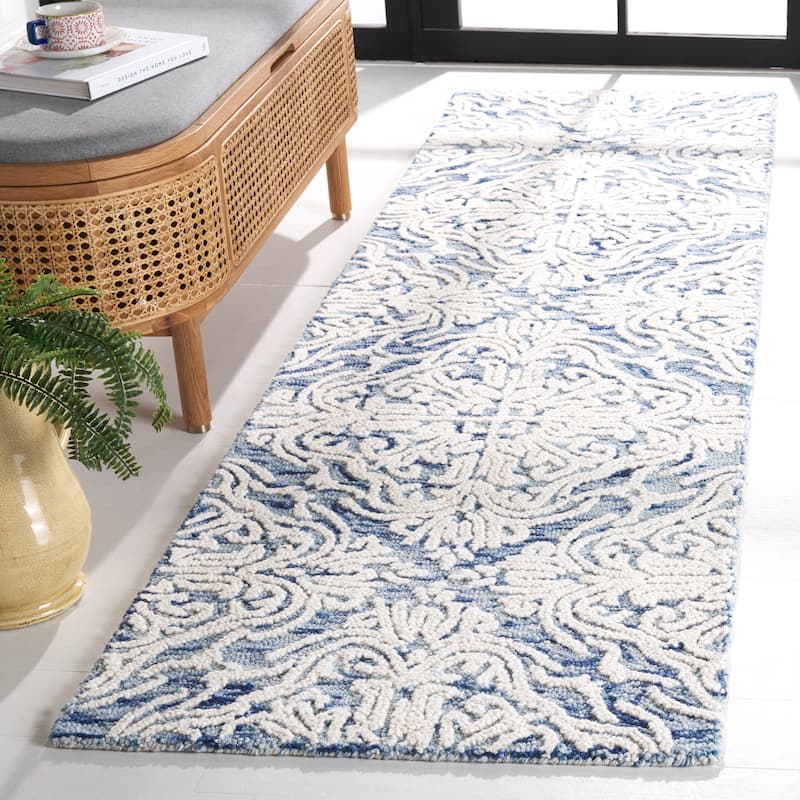 SAFAVIEH Handmade Blossom Gertrida Modern Floral Wool Rug - 2'3" x 12' Runner - Blue/Ivory