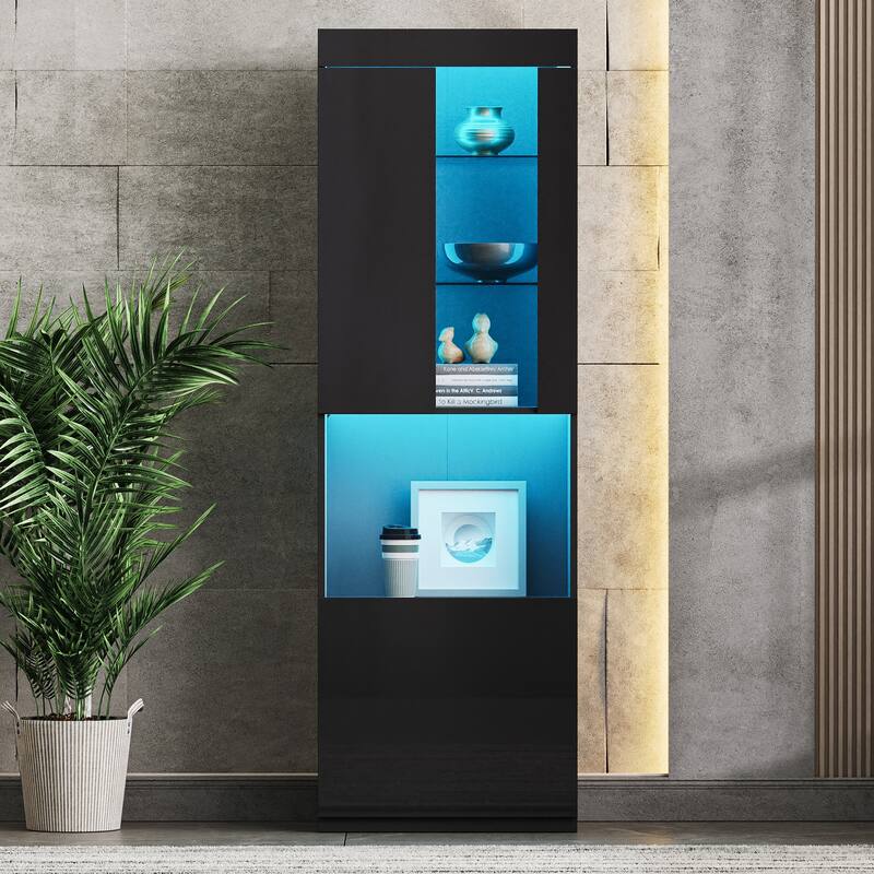 Roomfitters 67" Tall High Gloss Storage Cabinet, Modern Display with Acrylic Door and Tempered Glass Shelves