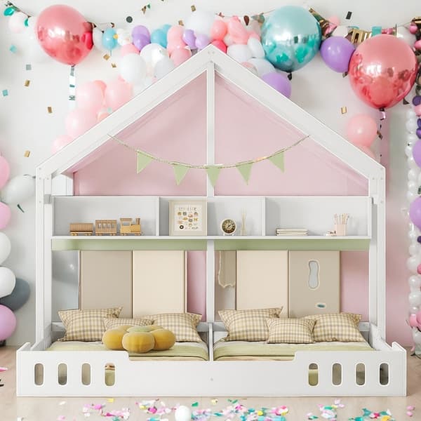 slide 2 of 9, 2 In 1 Twin Size Wood House Platform Beds,Two Shared Beds With Shelves White