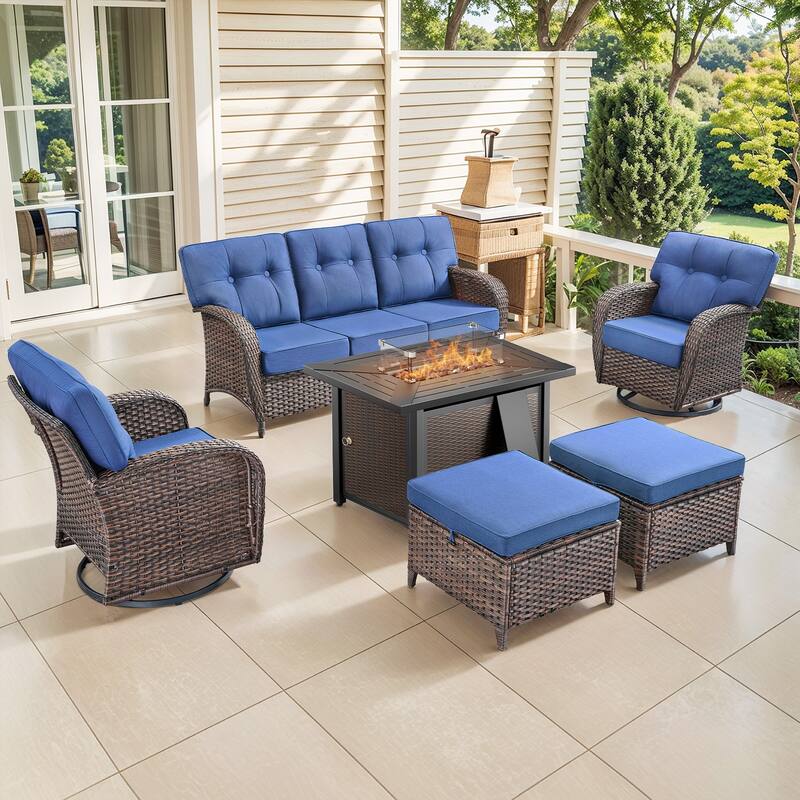 Pocassy Outdoor 43 In Fire Table with Sofa Patio Swivel Chair Set - Brown Wicker Blue Cushion - 8-Piece Sofa Swivel Chair Ottoman with Fire Table