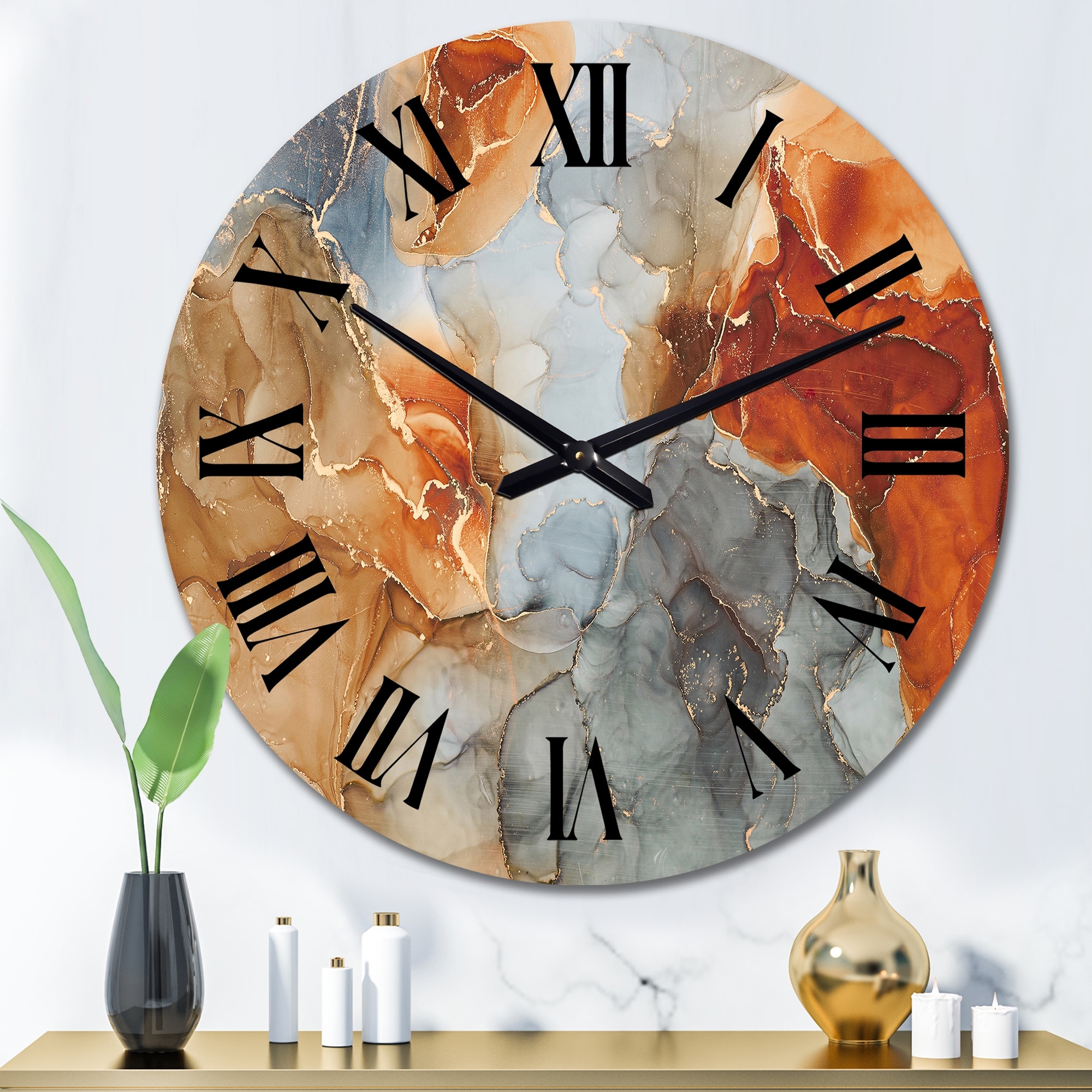 Designart 'Brown And Grey Luxury Abstract Fluid Art I' Modern wall clock