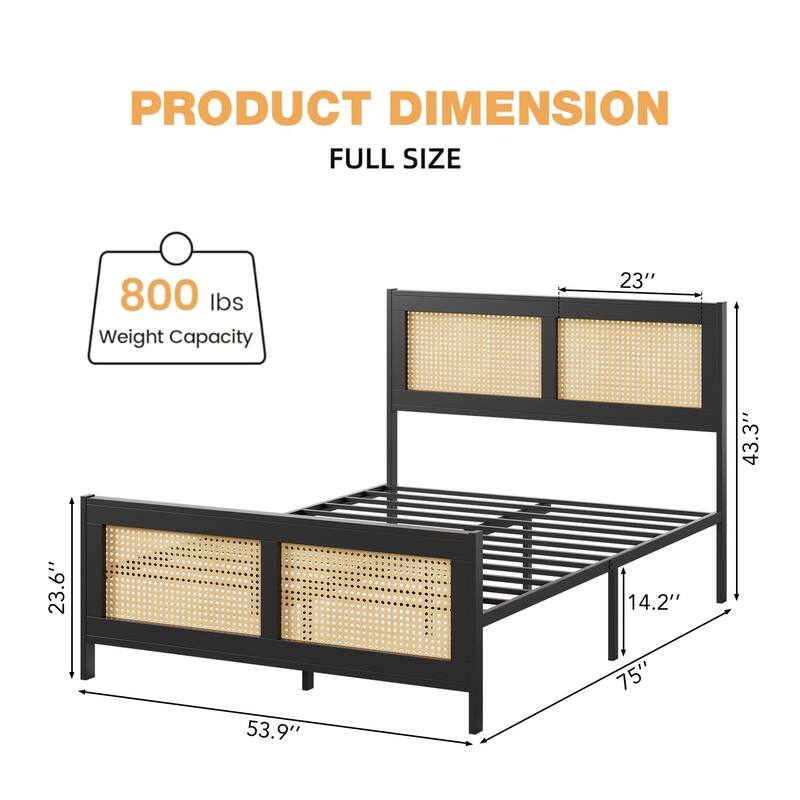 Rattan Bed Frame with Headboard, White Boho Cane Platform Bed Frame with Strong Metal Slat, Noise Free