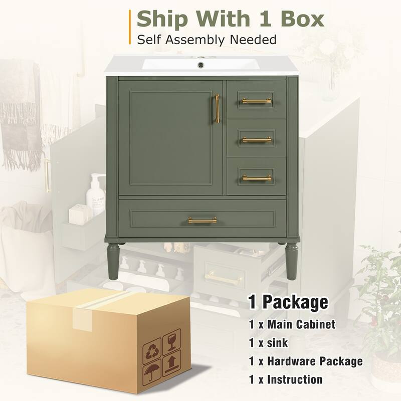 30" Bathroom Vanity with Ceramic Sink Storage Cabinet with Built-in Shelf and 3 Drawer