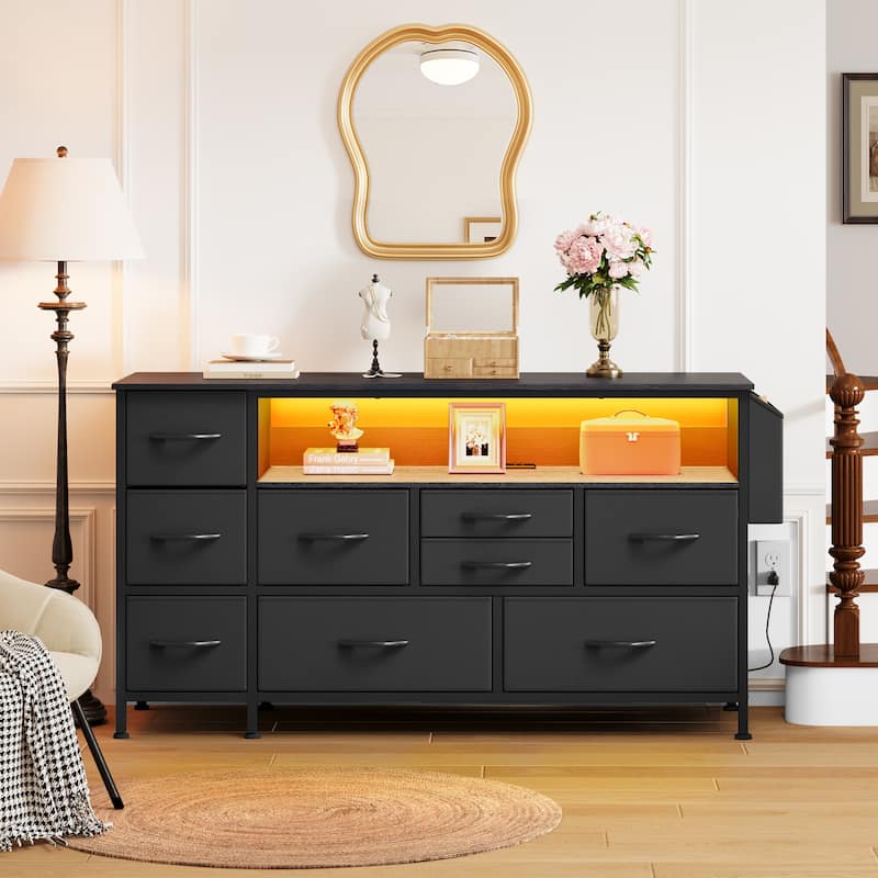 Moasis 50"W 9-drawer Fabric Dresser, Media Console, TV Stand with Outlets, RGB Lights