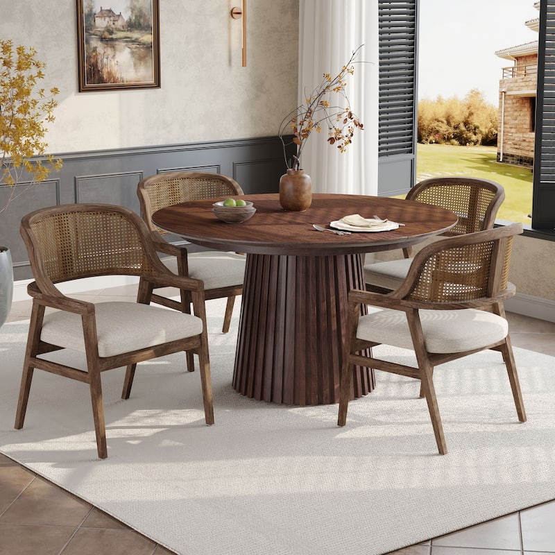 Christopher Knight Home - Mid-Century Modern Upholstered Cane Back Dining Chairs with Rubberwood Frame - Set of 4 - Beige+Walnut