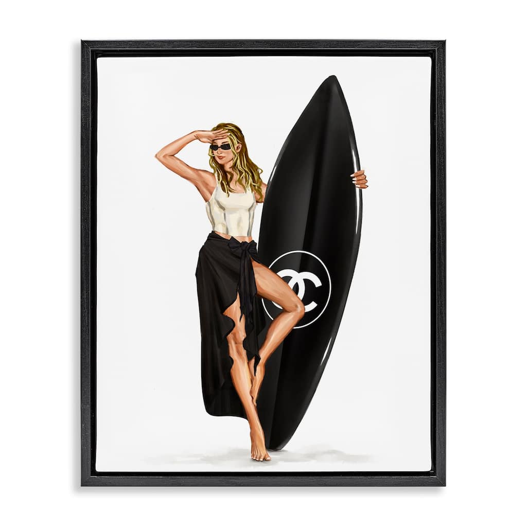 Stupell Trendy Surfer Girl in Black Framed Floater Canvas Wall Art Design By Ziwei Li