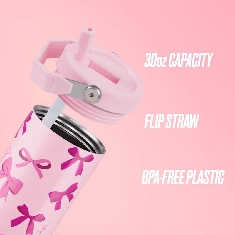 Juicy Couture Flip & Sip Hydration Stainless Steel Screw Top Tumbler with Flip Straw and Carry Handle