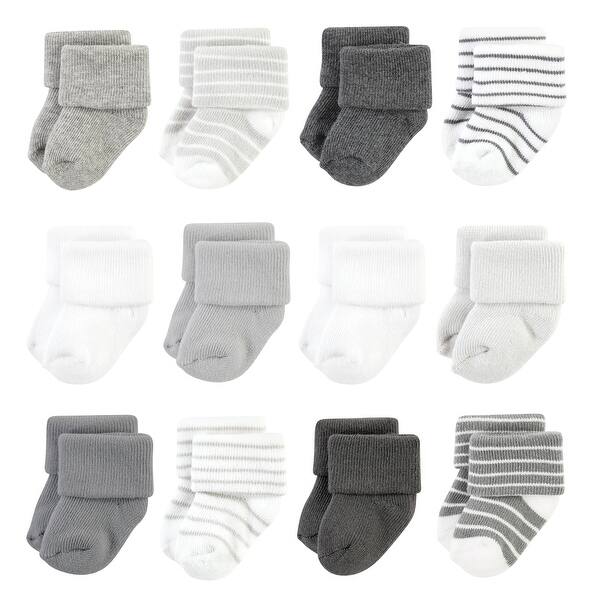 slide 1 of 1, Hudson Baby Infant Boy Cotton Rich Newborn and Terry Socks, Gray Stripe 12 Pack 0-6 Months - Gray Stripe 12 Pack