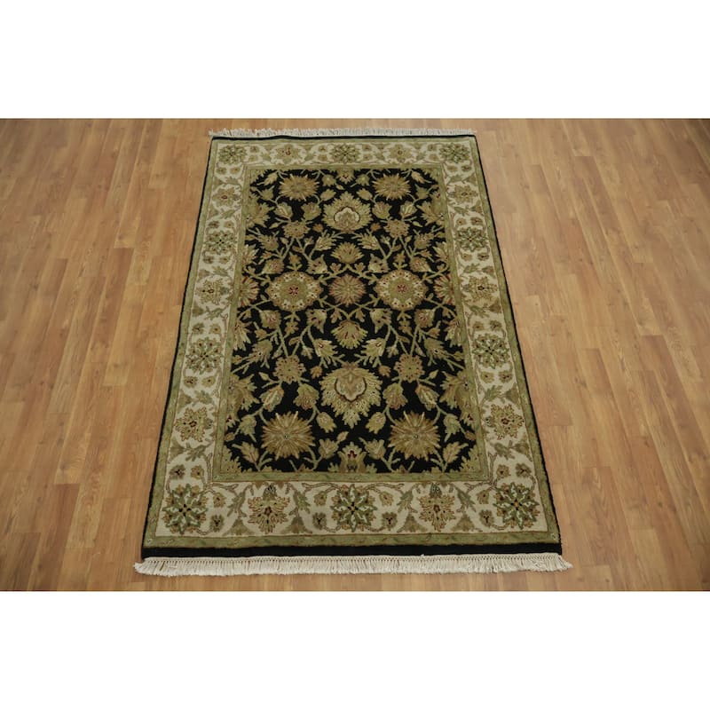 Hand Knotted Oriental 100% Wool Carpet Traditional Floral Black Agra Area Rug - 6' 4'' X 4' 1''
