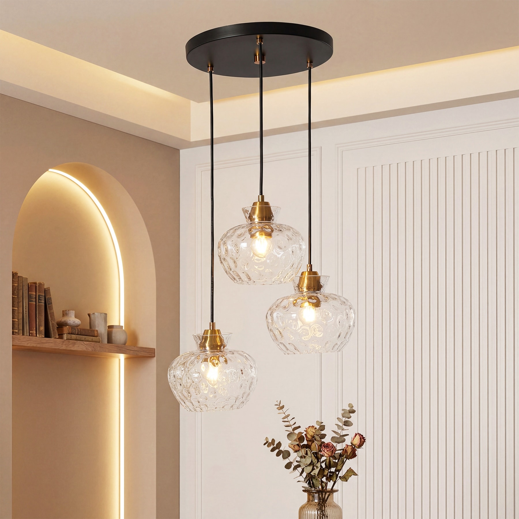 3-Light Island Pendant Light, Modern Cluster Hanging Fixture with Water Ripple Glass Shades