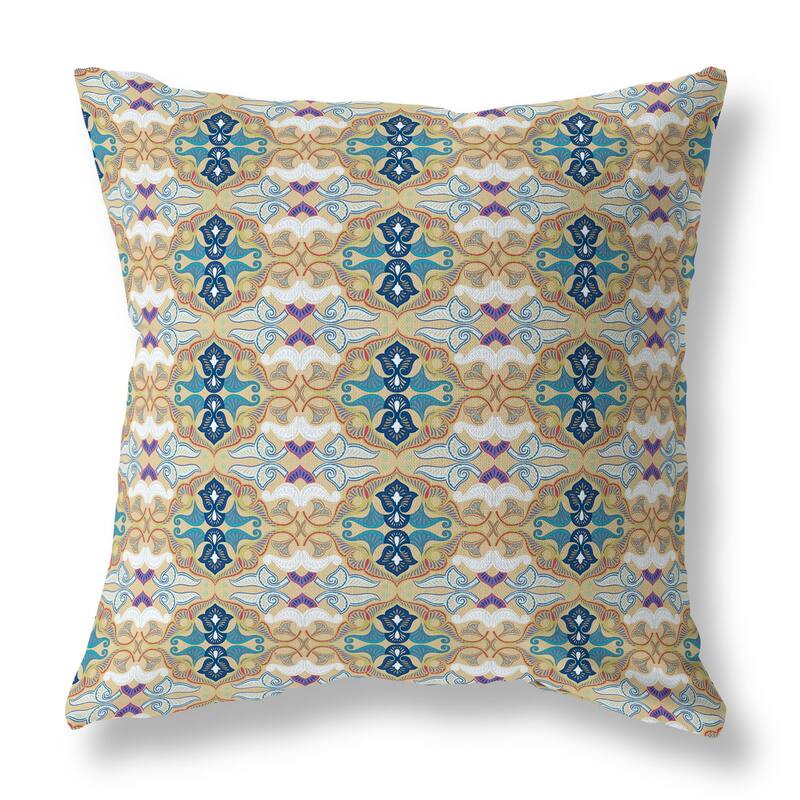 Beige And Blue Floral Elegance Indoor/Outdoor Throw Pillow Zipper