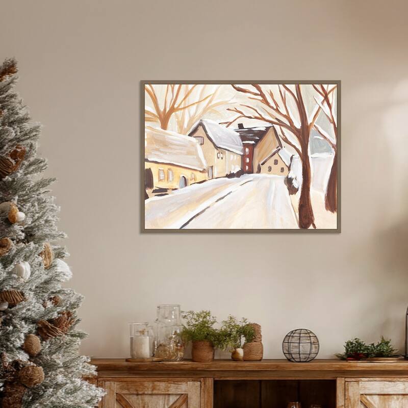 Snowy Street I by Annie Warren Framed Canvas Wall Art Print - Sylvie Dark Gold