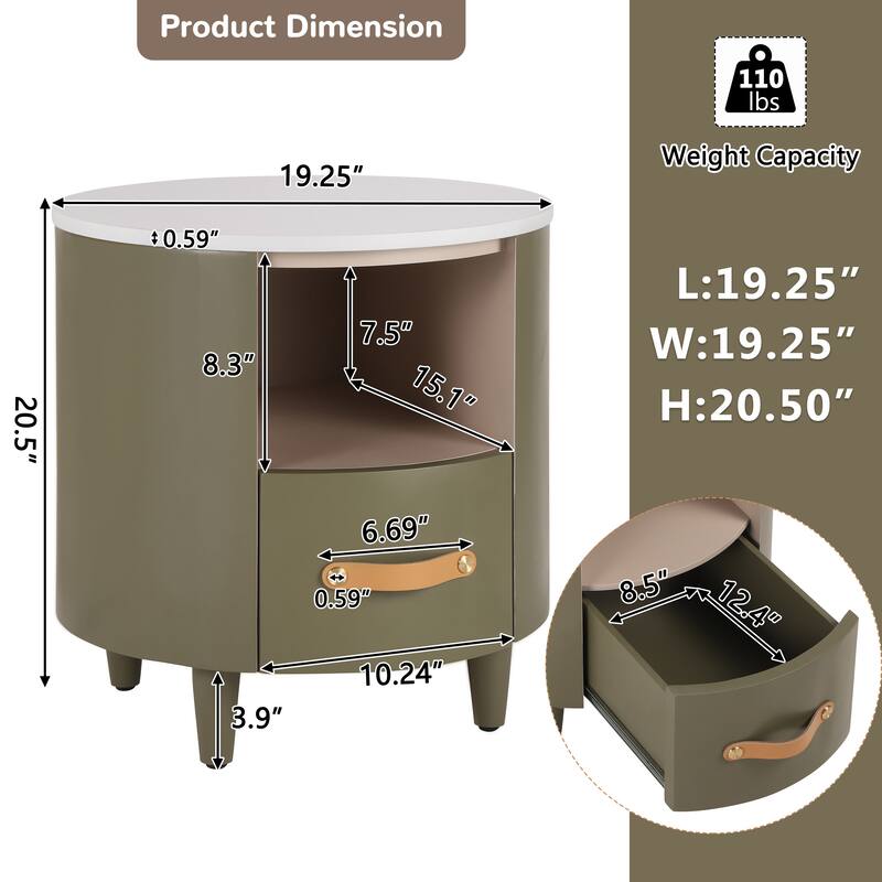 Modern Round Nightstand with Storage Drawer, Sofa End Table with Open Storage Shelf, Bedside Table with Curved Design