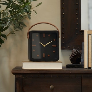 Black Metal Small Clock with Leather Handle and Hour Markers