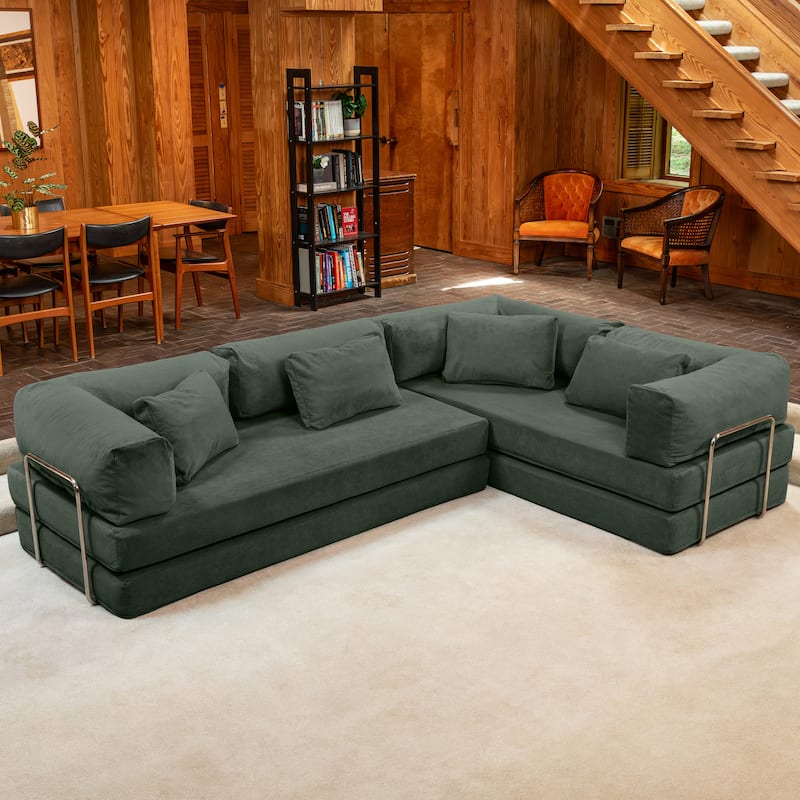 Jaxx Unsofa Modular Convertible Sectional Sofa with Fold Out King Sleeper Bed - L-Shaped Sectional. - Corduroy Forest Dark Green