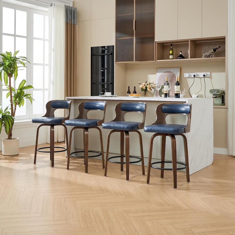 SEYNAR PU Leather 360 Degree Swivel Open Back Bar Stools Wood Legs Set of 4
