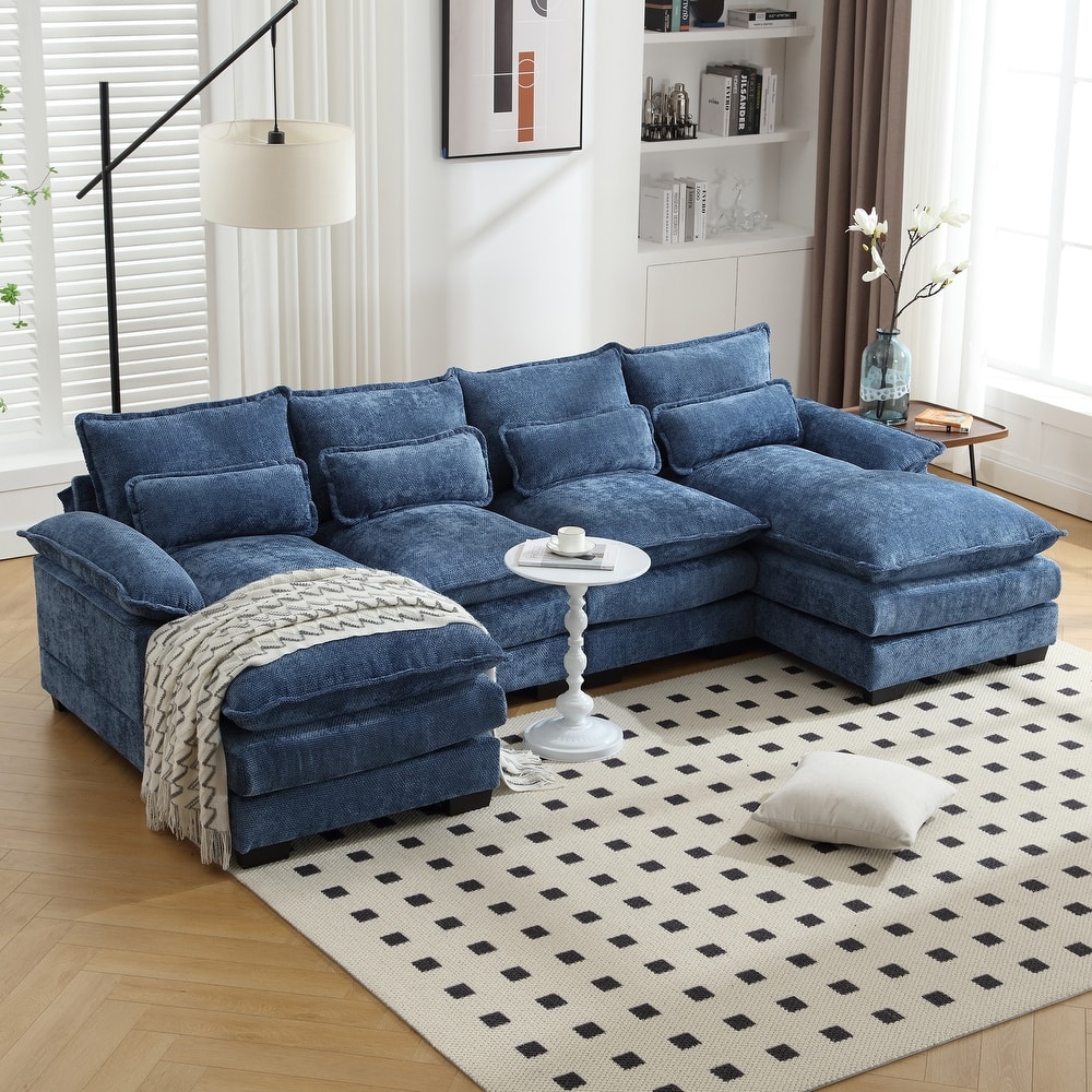 Chenille Upholstered U-Shaped Living Room Sectional Sofa With Wooden Legs