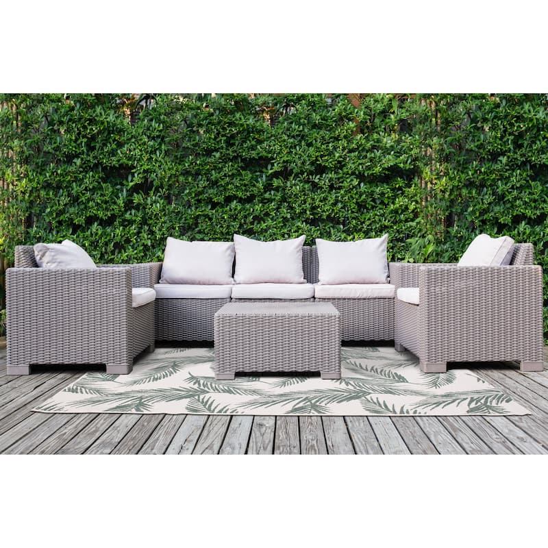 Green Cream Reversible Leaves Indoor/Outdoor Area Rug