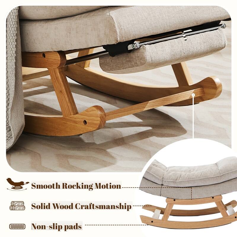Fabric Upholstered Rocking Chair with Solid Wood Base and Hidden Footrest – Ergonomic Dual-Cushion Design