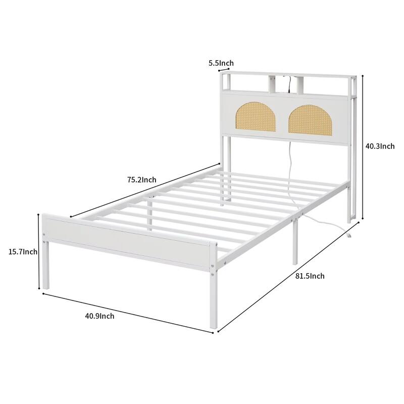 Twin Size Platform Bed Frame with LED & Charging Station, Noise Free