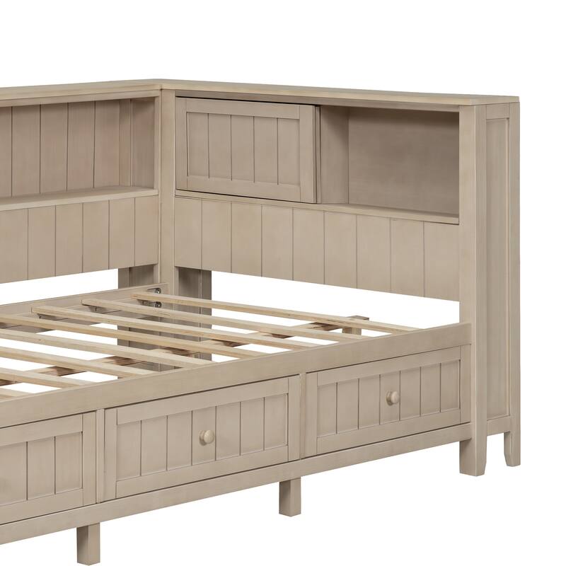 Roomfitters Twin/Full Wood Daybed with Storage Shelves and Multi-Use Underbed Compartments, Cream