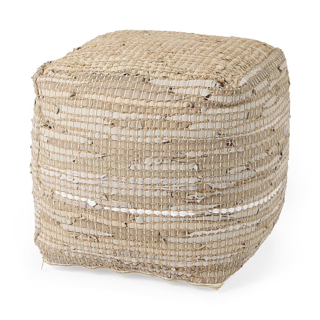 Mercana "Aalia" Beige Leather & Jute Square Pouf