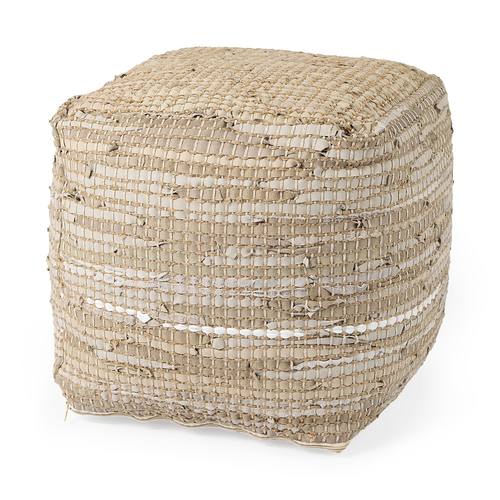 Mercana "Aalia" Beige Leather & Jute Square Pouf