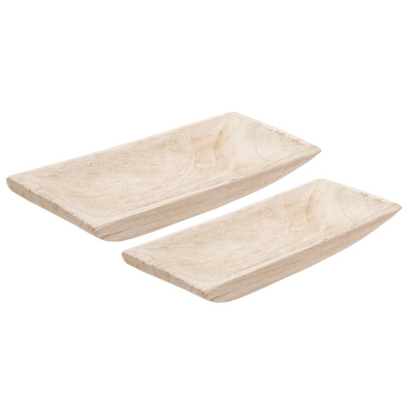 Set of Two Decorative Wooden Trays Contemporary Rustic Farmhouse Coastal Rectangle Shaped Tray Decor 15" and 20" Home - White