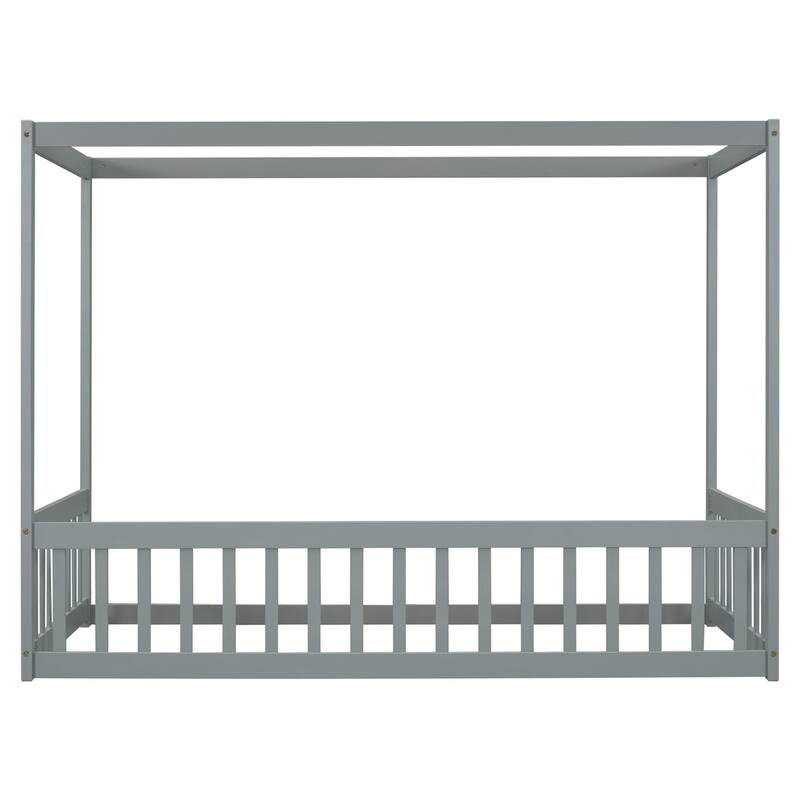 Twin Size Canopy Frame Floor Bed with Fence,Guardrails